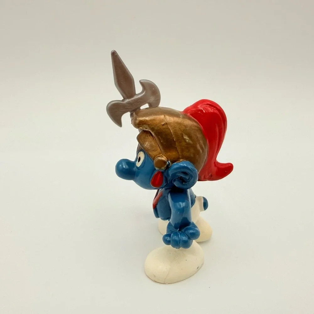 Vintage Peyo Bully Warrior Smurf Figure W Germany Halberd Helmet Red Plume